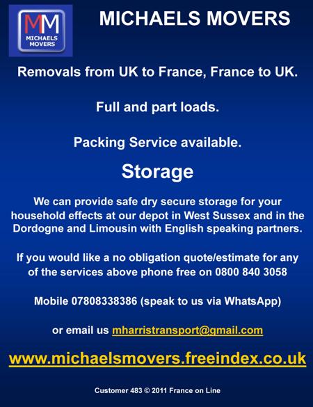 Michaels Movers,transport,English,West Sussex,UK to France,France to UK,removals,full loads,part loads,packing service,storage,Limousin,Dordogne